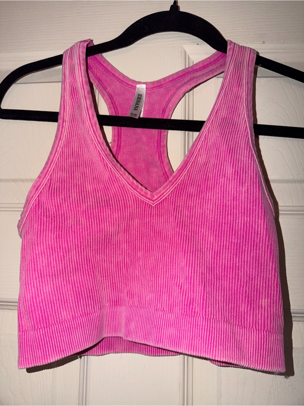 Zenana Pink Ribbed V-Neck Racerback Crop Top